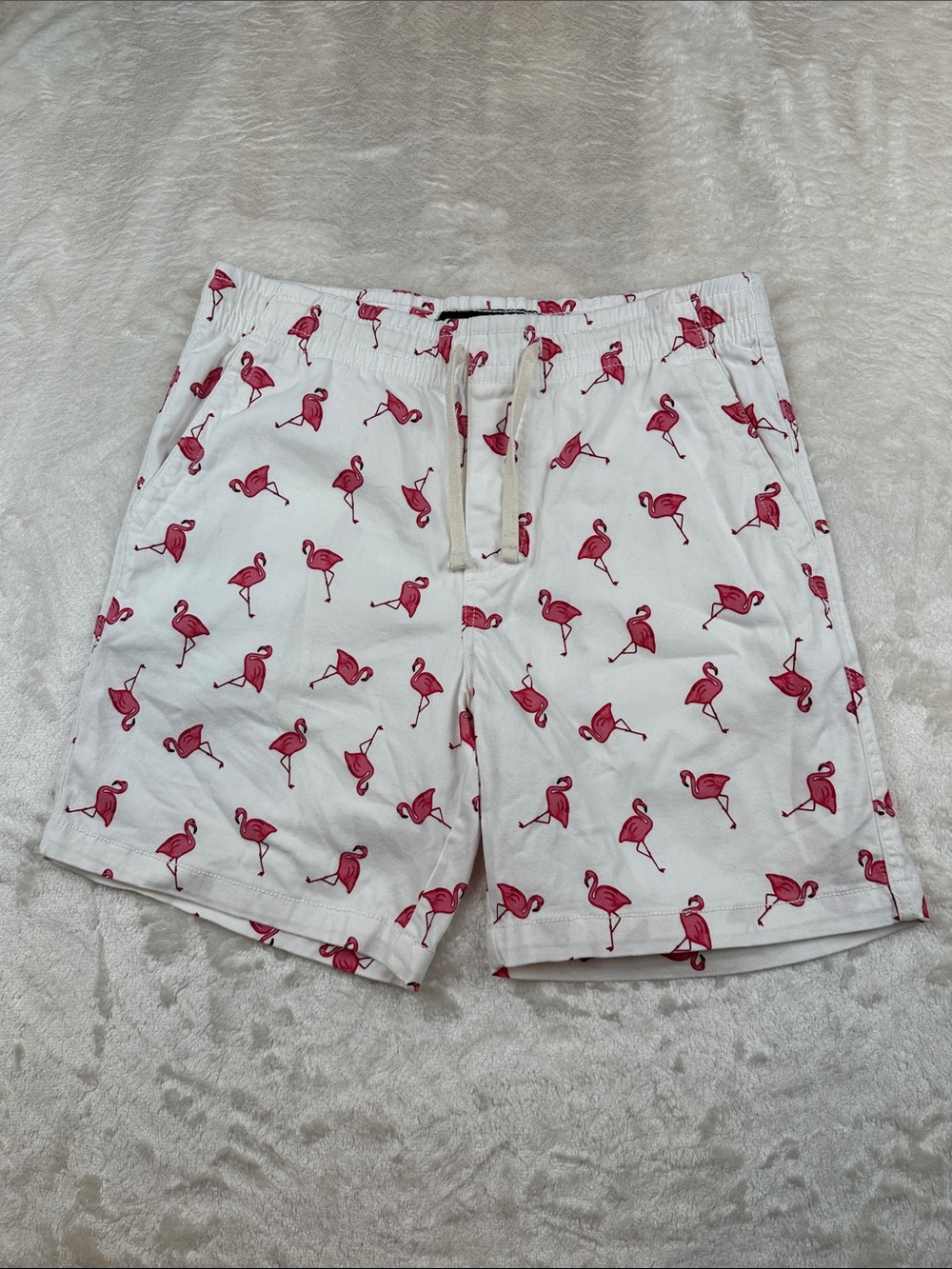 Plugg Size M White Shorts with Pink Flamingo Allover Print | Active | Summer